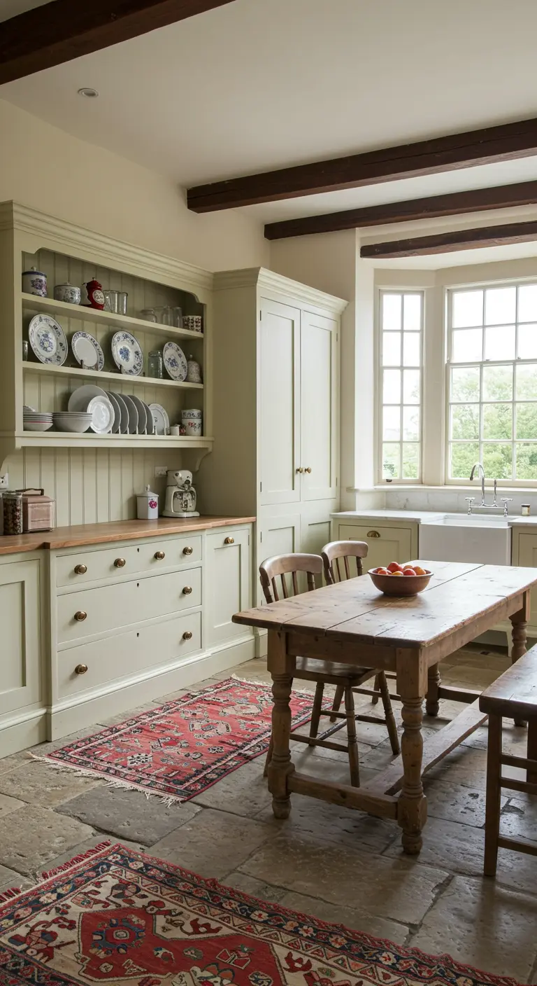 Country kitchen with sage green cabinets, stone floors, and two layered Oriental rugs.
