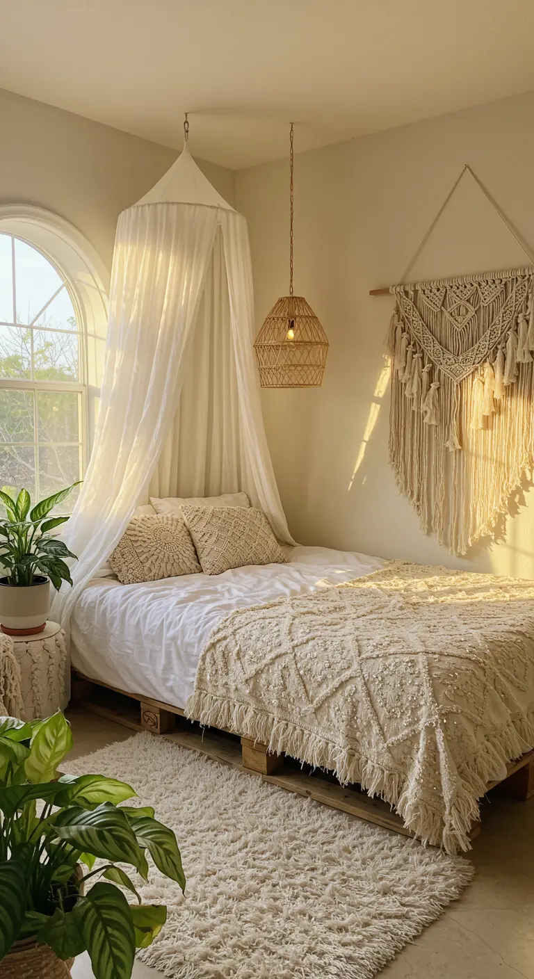 A bohemian bedroom with a pallet bed, macrame wall art, and a sheer white canopy.