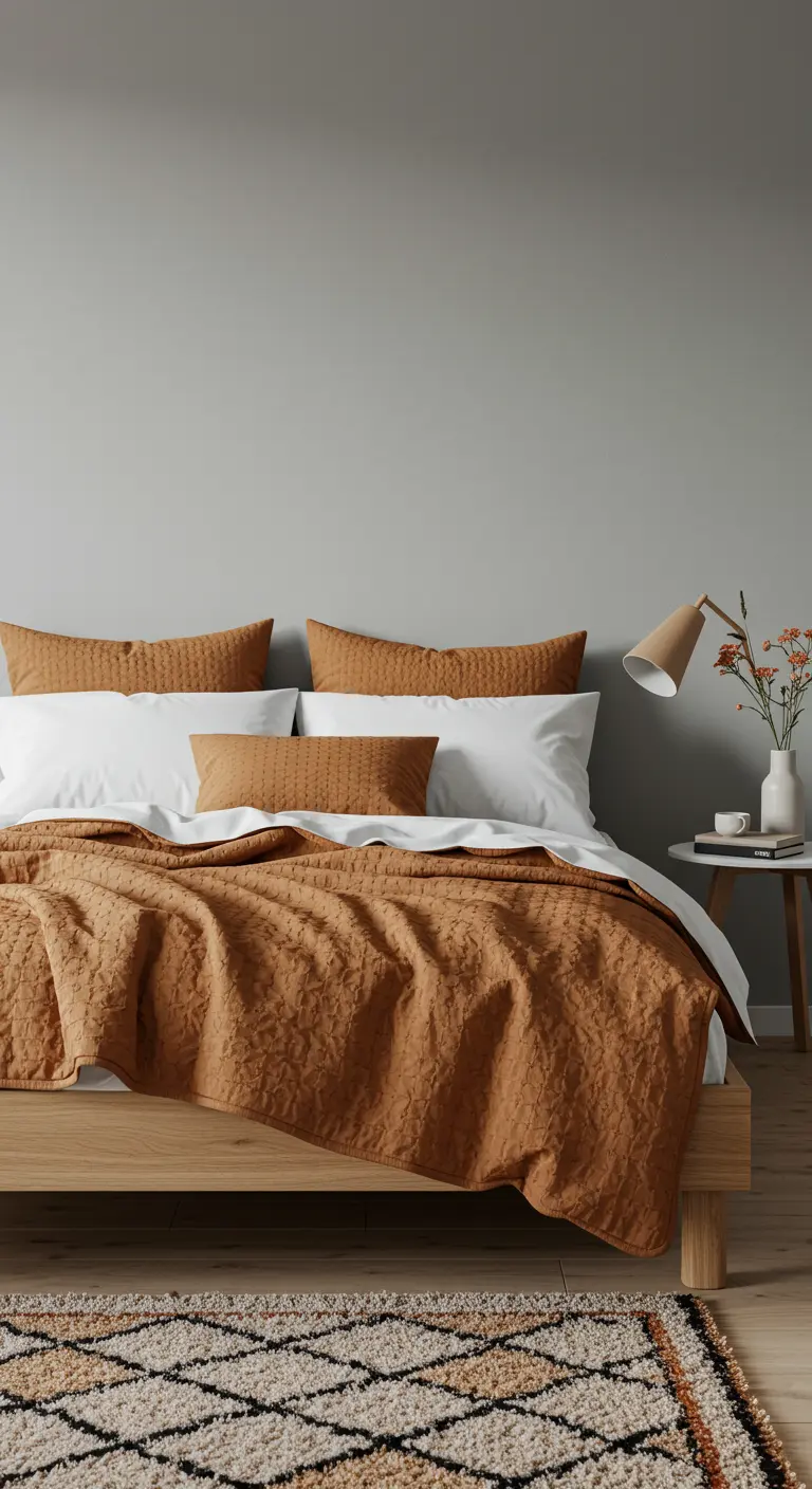 Bedroom with a quilted burnt orange bedspread on a wooden bed frame.