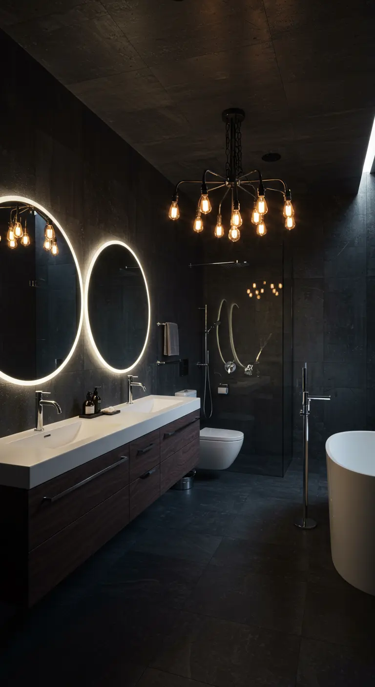 Dark bathroom with two round backlit mirrors and an Edison bulb chandelier.