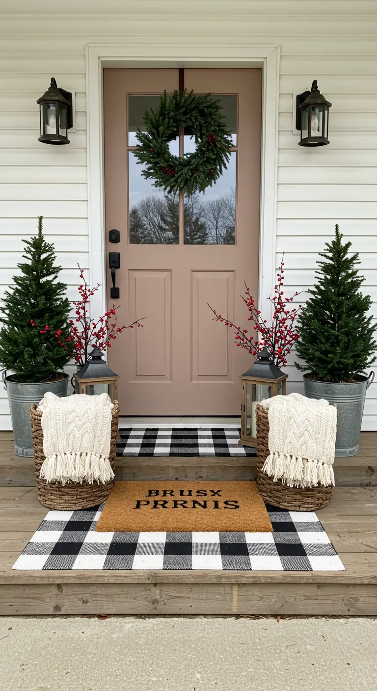 A farmhouse porch with layered buffalo check and coir mats, baskets, and mini Christmas trees.