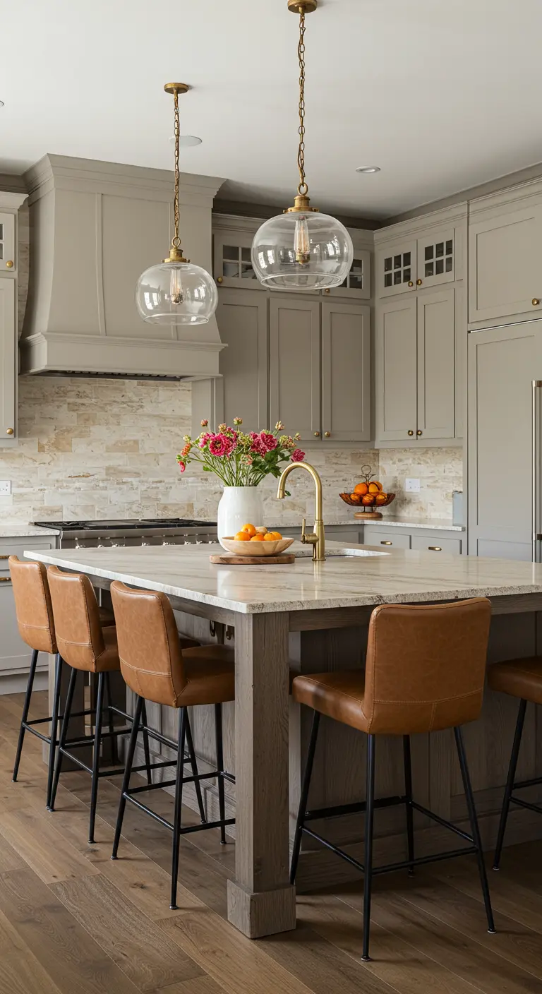 Kitchen with grey cabinets, a textured stone backsplash, and a distressed wood island with leather stools.