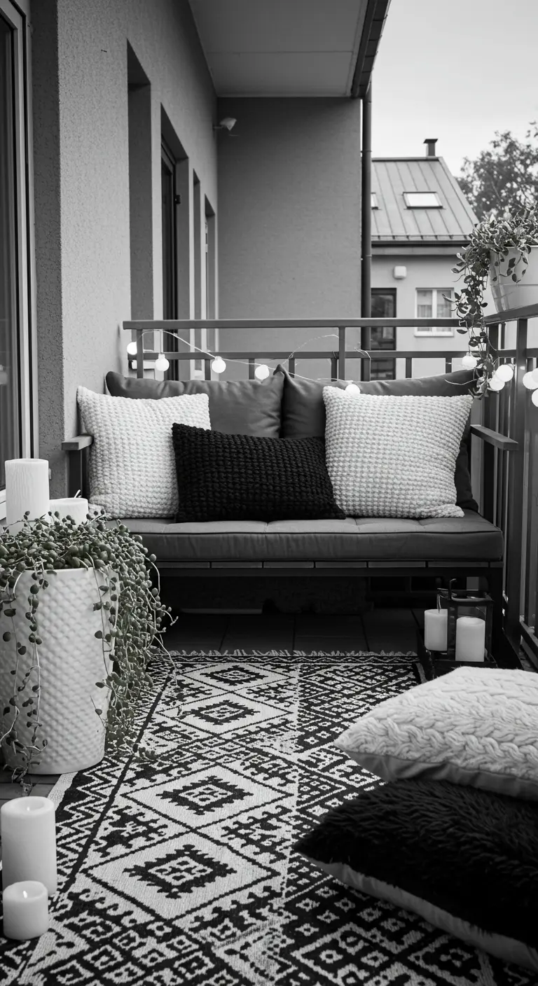 Cozy balcony at dusk with string lights, candles, and textured pillows.