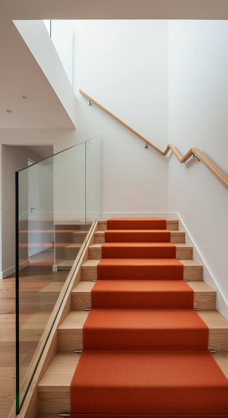 A modern staircase with a burnt orange carpet runner.