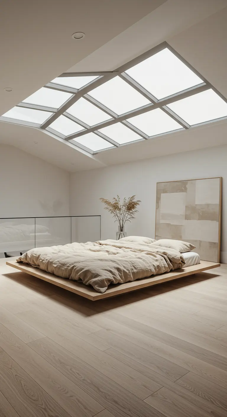 Loft bedroom with a grid of skylights covering the entire ceiling.