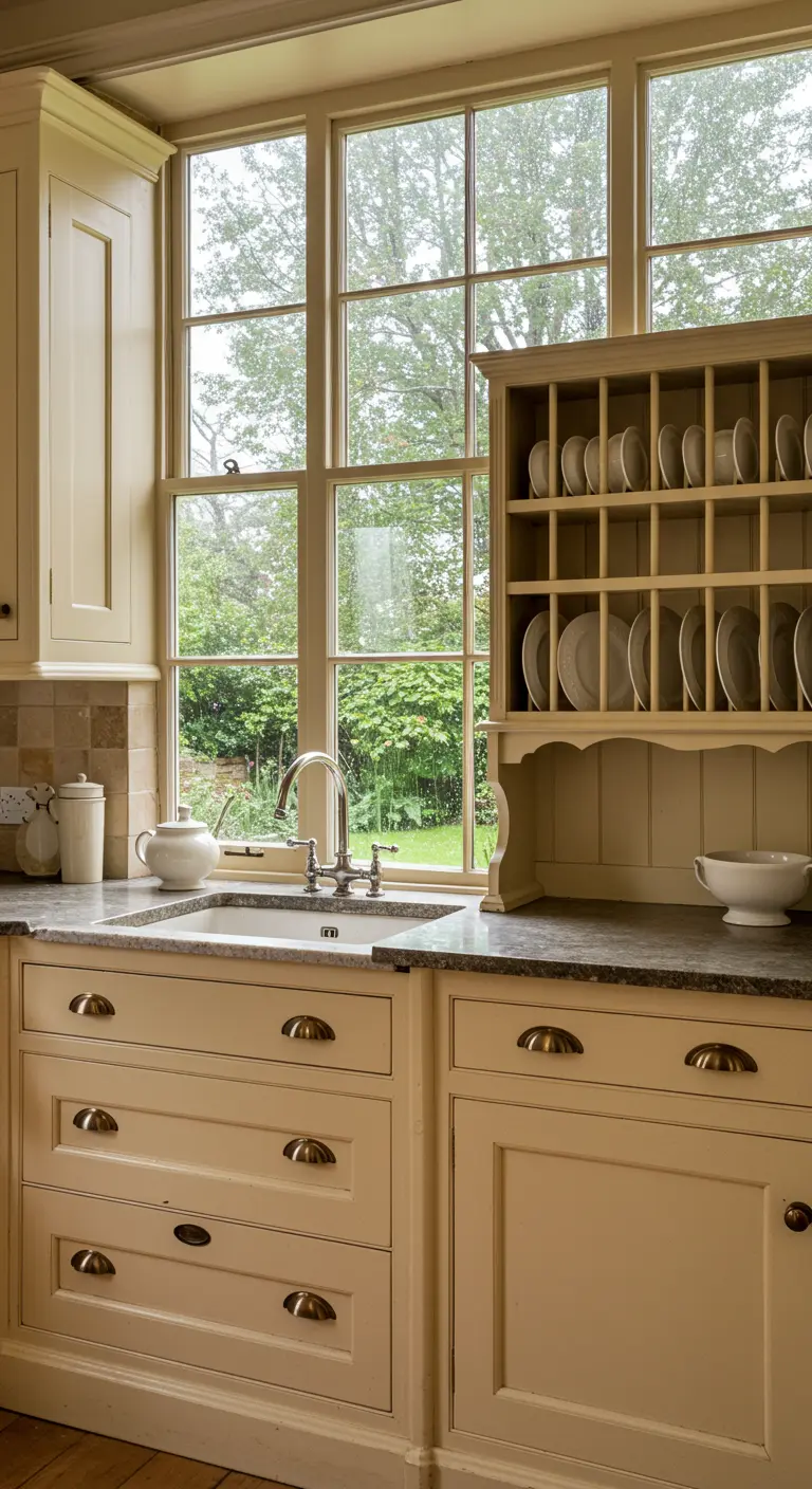 Buttermilk kitchen with a large wall of windows over the sink, overlooking a green garden.