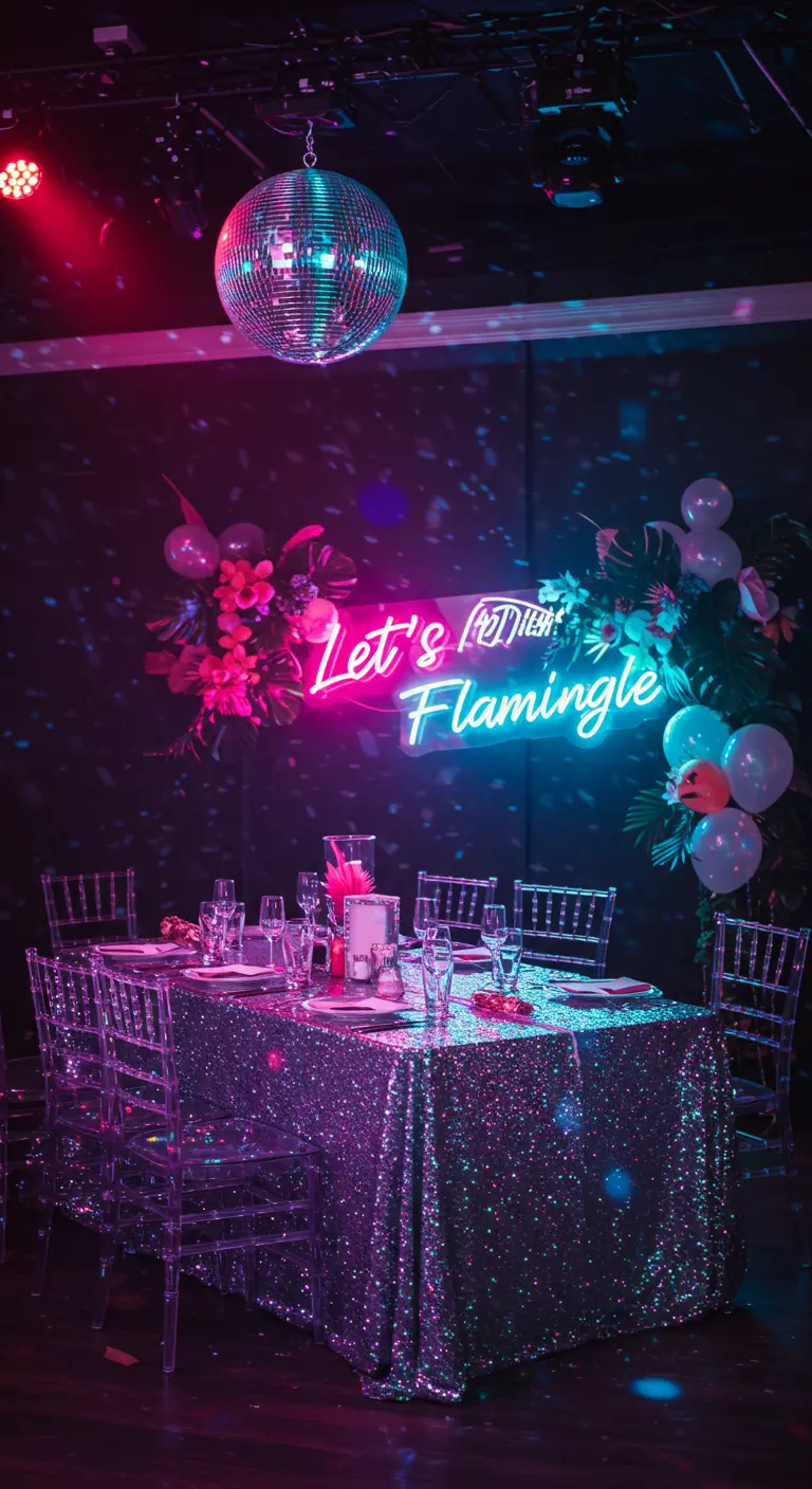 Disco-themed party table with a sequin tablecloth and a 'Let's Flamingle' neon sign.