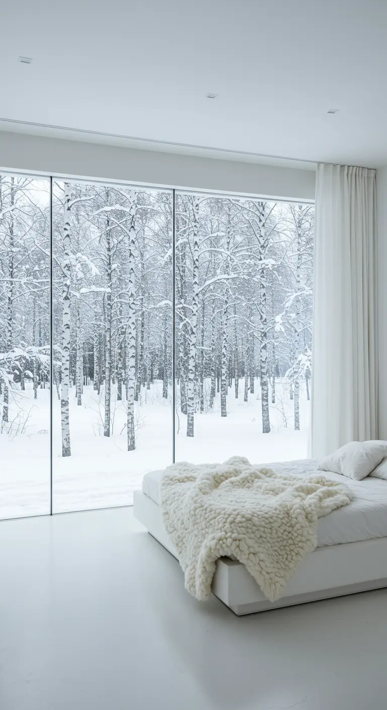 A minimalist white bedroom with a floor-to-ceiling window looking out onto a snowy birch forest.