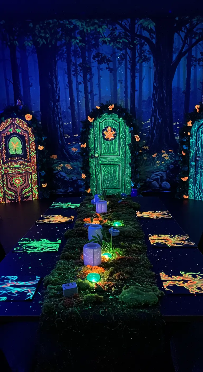 A dark party scene with a neon forest backdrop and glowing fairy doors under black light.