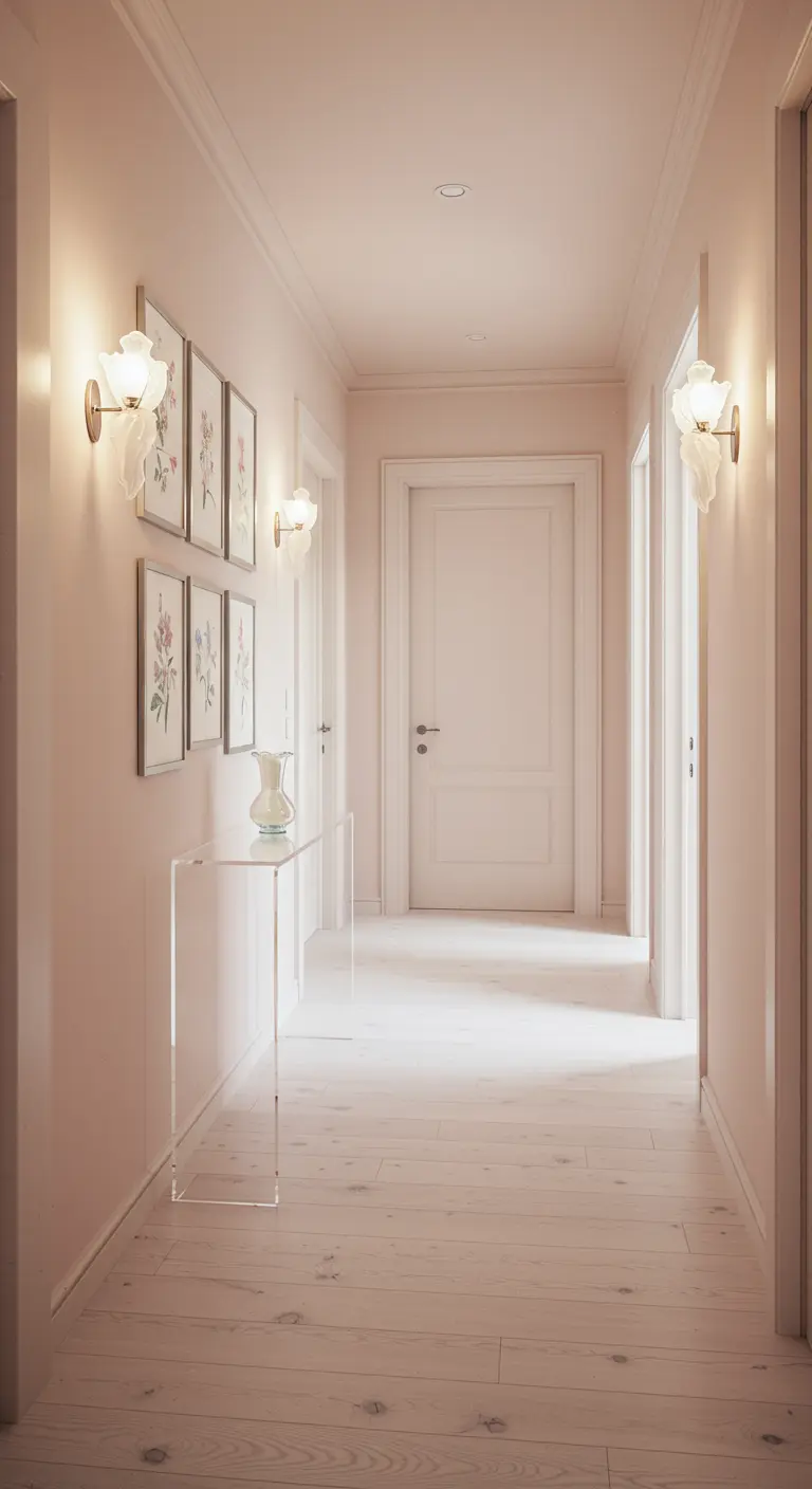 Ethereal blush pink hallway with a transparent acrylic console table and delicate sconces.
