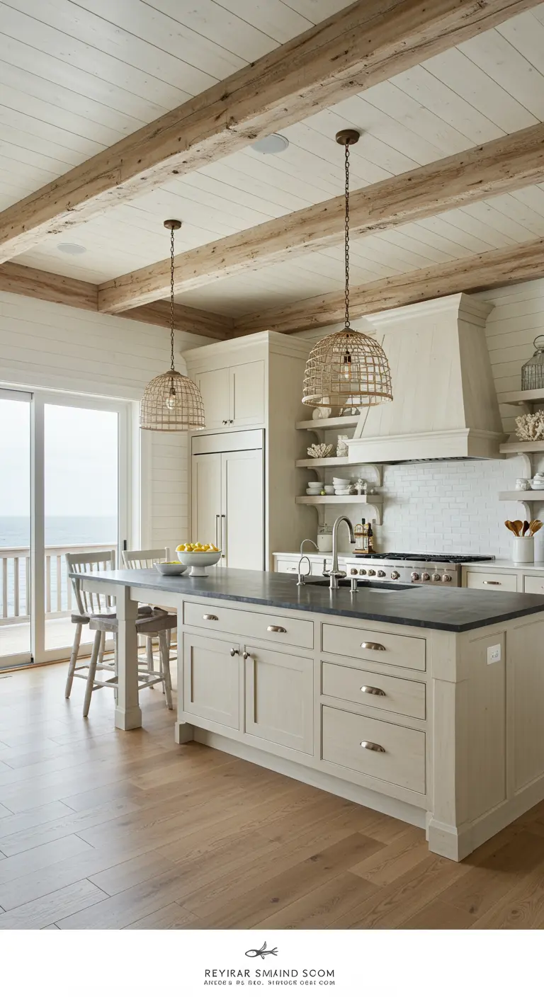 Coastal rustic kitchen with whitewashed beams, shiplap, and ocean view.