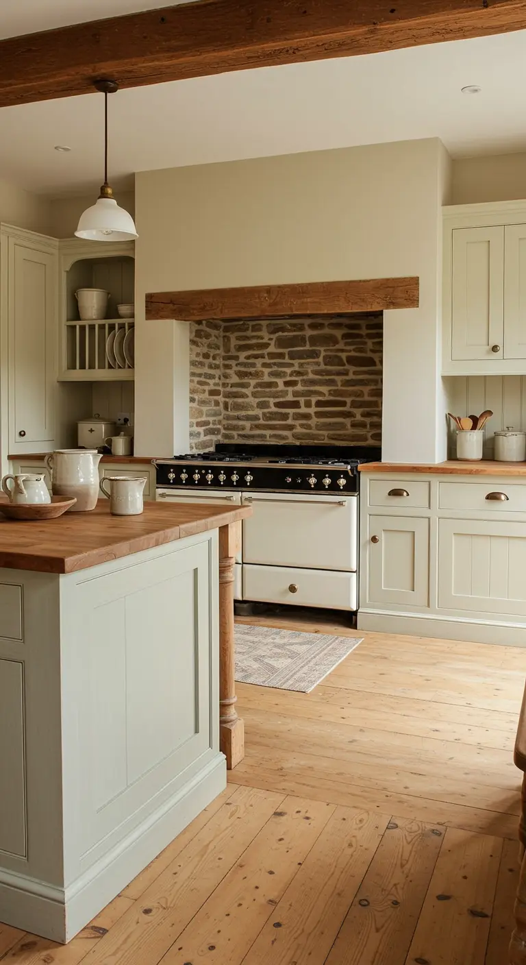 Country kitchen with pale green cabinets, a wood island, and light natural wood flooring.
