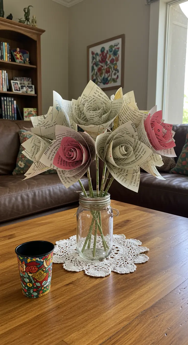 A bouquet of roses made from old book pages, displayed in a mason jar on a wooden table.