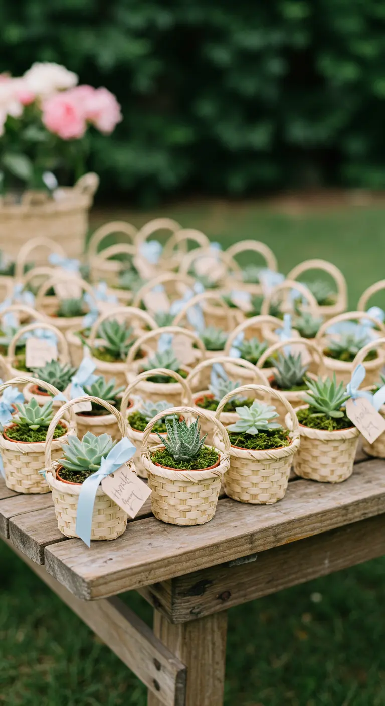 Dozens of mini woven baskets, each holding a small succulent plant as a party favor.