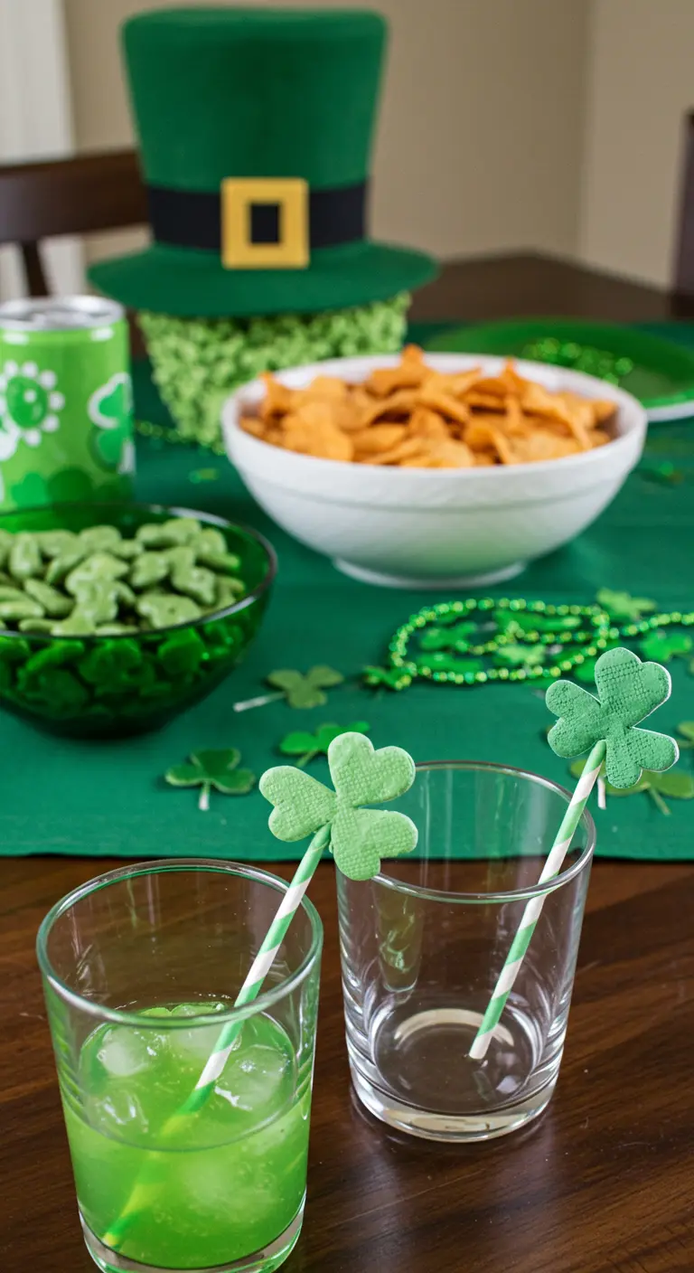 Drinks with paper straws decorated with handmade green felt shamrock toppers.