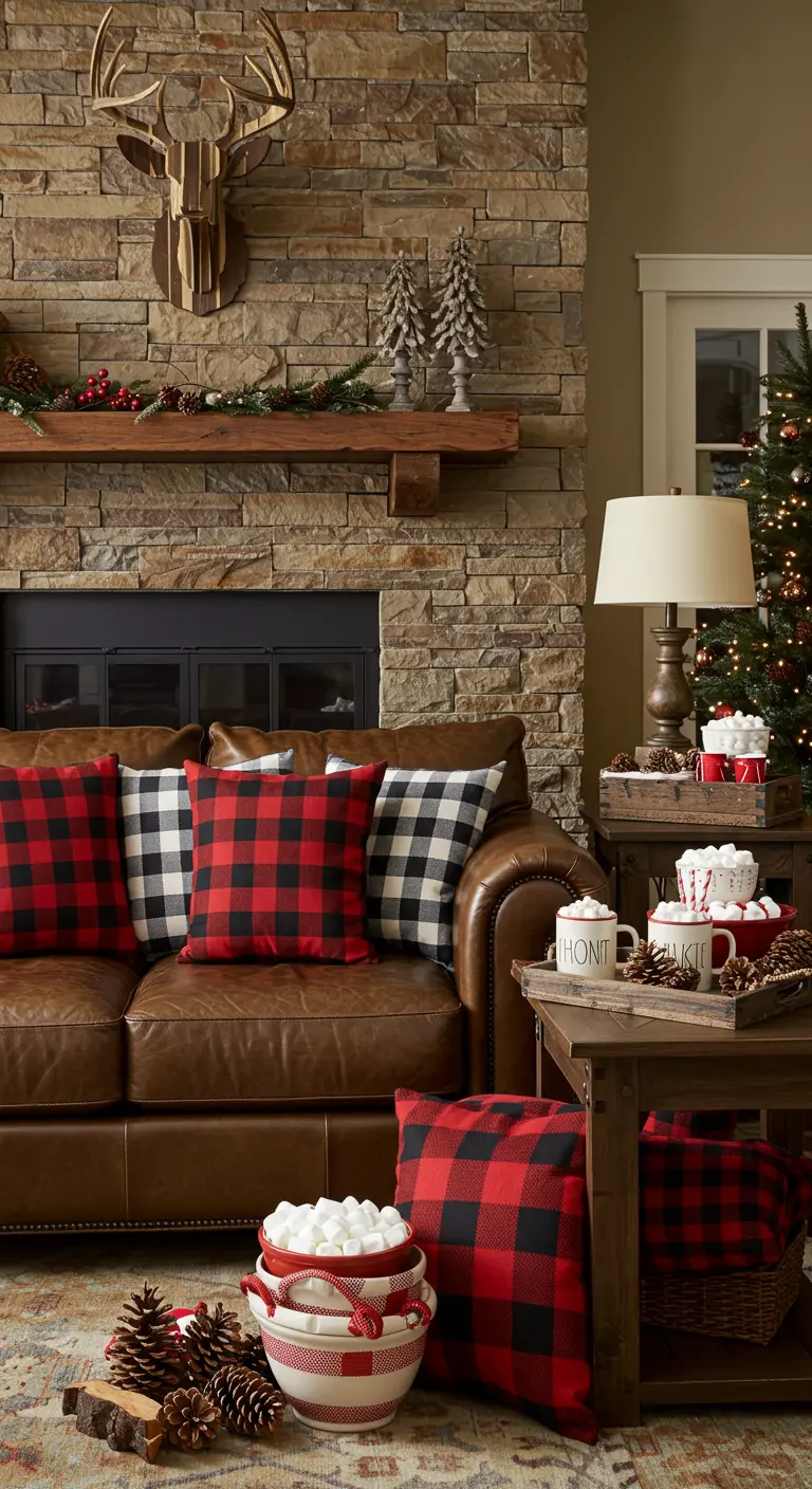 Cozy cabin decor with a leather sofa, red and black buffalo check pillows, and a hot cocoa station.