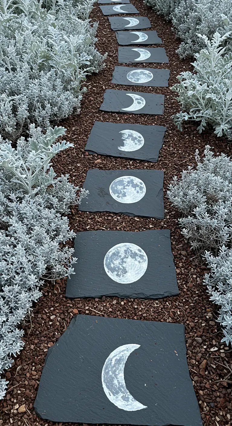 Dark slate pavers painted with the phases of the moon, bordered by silvery plants.