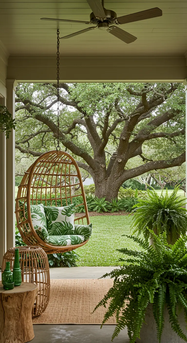 A rattan egg chair with monstera-leaf print cushions on a porch surrounded by ferns.