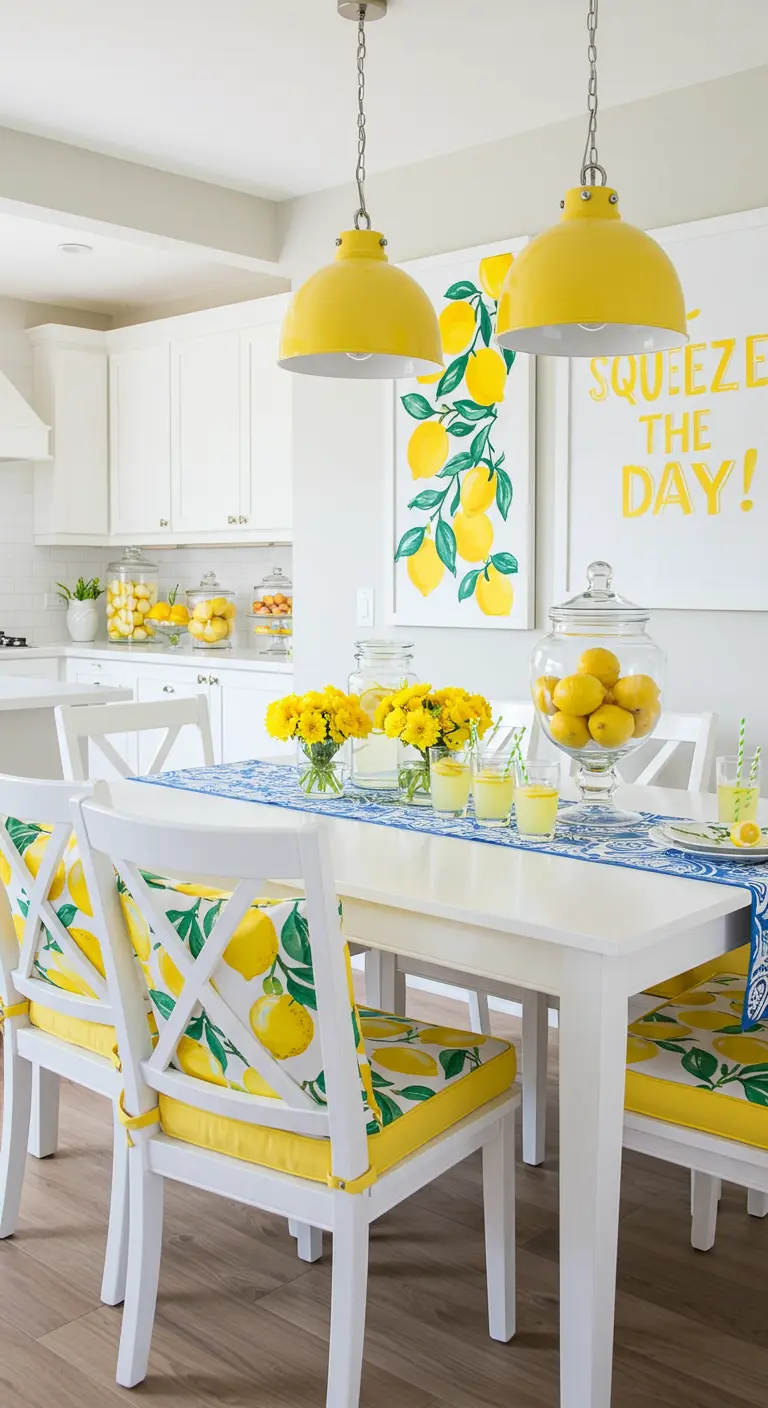 Bright dining room with a lemon theme, including yellow pendants and lemon-print cushions.