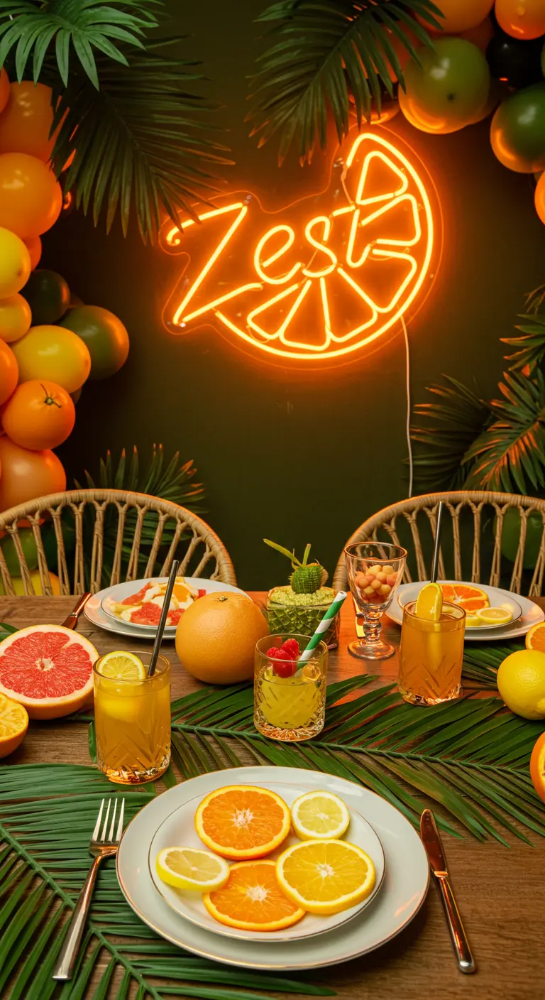 A vibrant, citrus-themed table setting with fresh fruit and a neon 'Zest' sign.