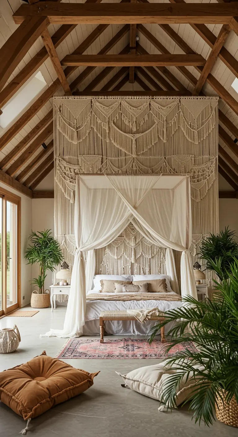 A canopy bed in a room with vaulted wood ceilings and a floor-to-ceiling macramé wall.