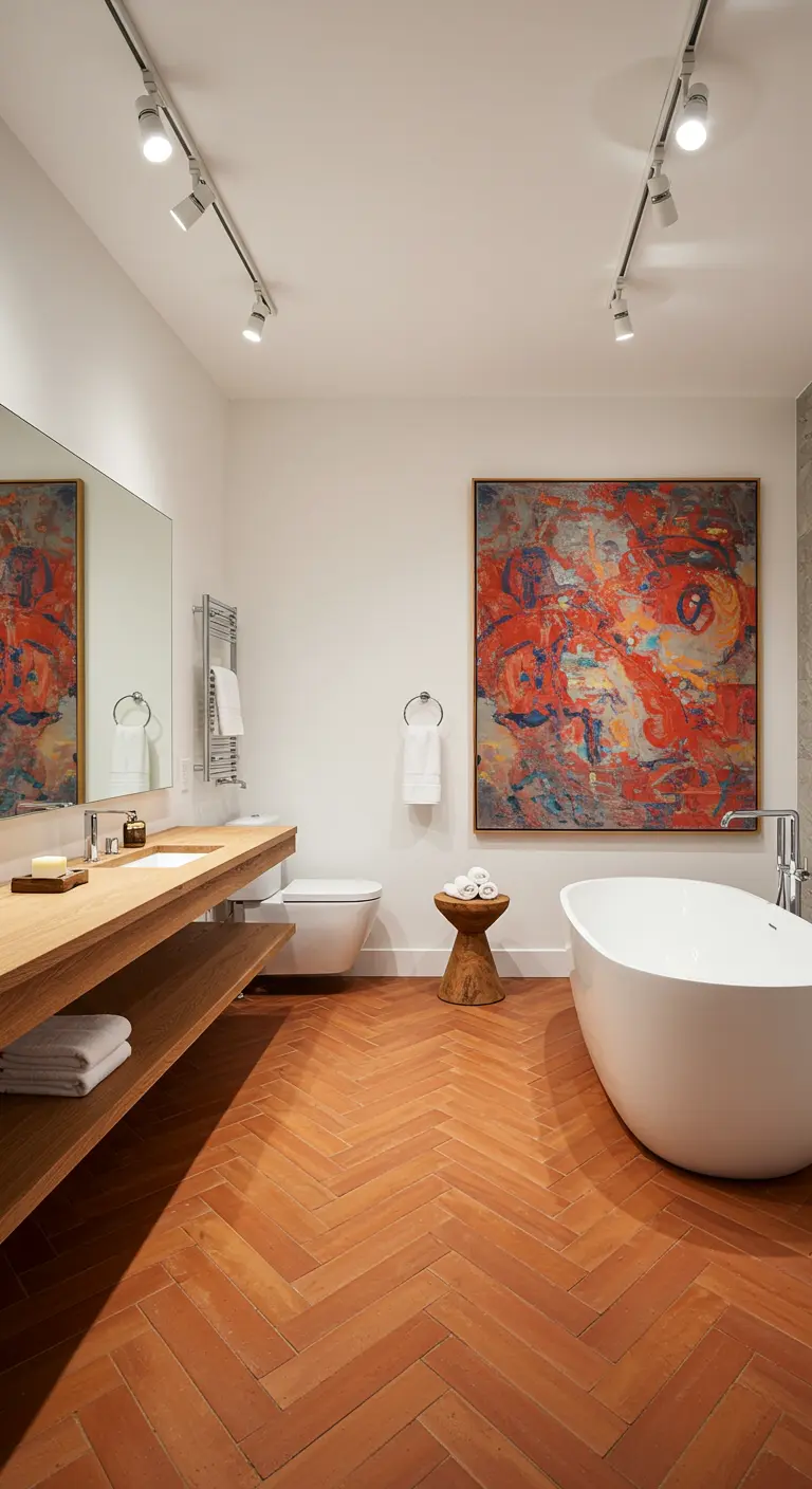 Minimalist bathroom with terracotta herringbone floors and a large, colorful abstract painting on the wall.
