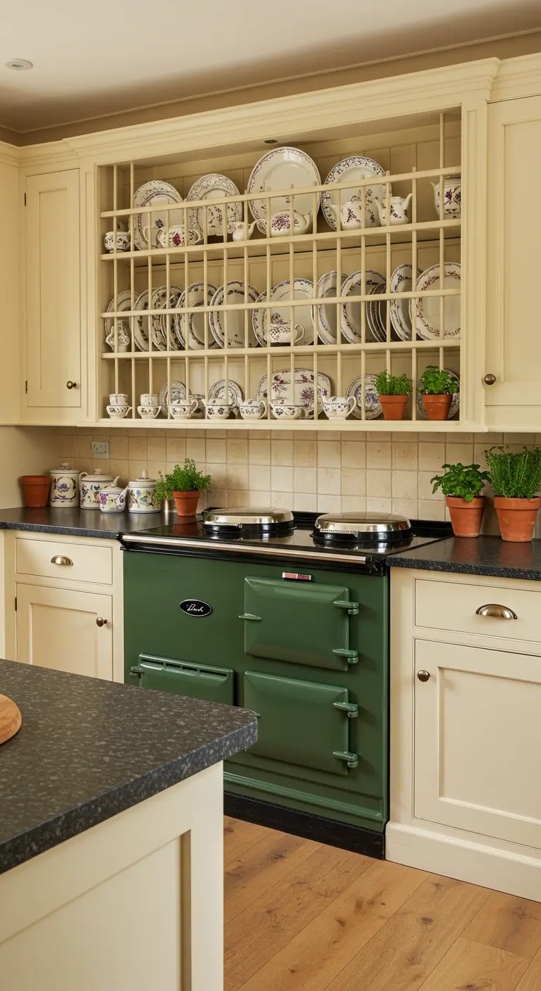 Buttermilk kitchen with a dark green range cooker and an open plate rack.