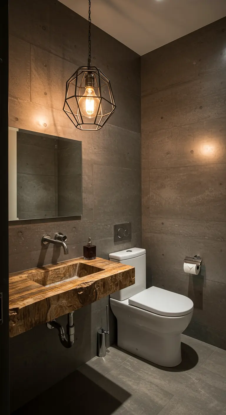 Powder room with a live-edge wood sink and a geometric Edison bulb pendant.