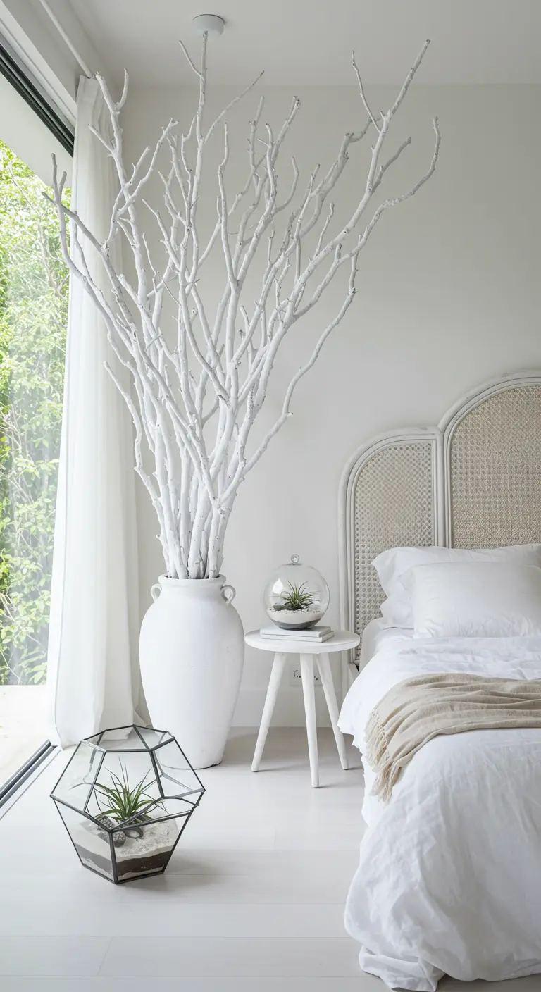 A tall white vase holds a large arrangement of white-painted branches next to a bed.