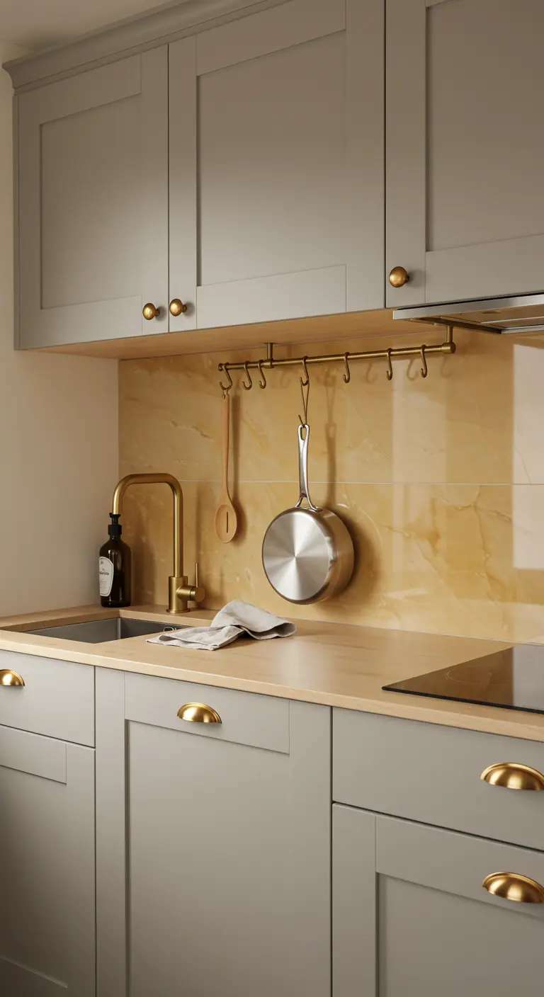 A grey shaker kitchen with a dramatic golden-yellow marble backsplash and brass hardware.
