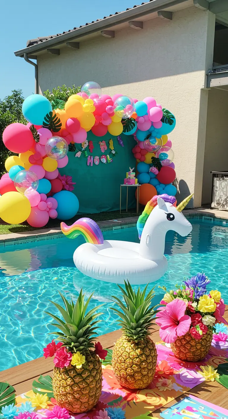 Tropical unicorn pool party with a large float and colorful balloon arch.