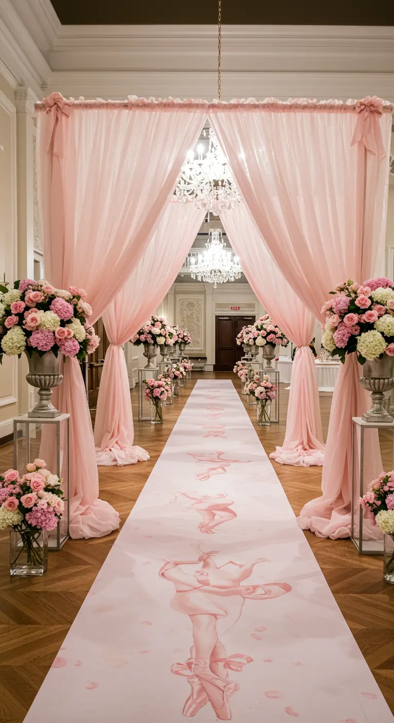 A grand hall entryway with a pink ballet-themed runner, draped curtains, and floral arrangements.