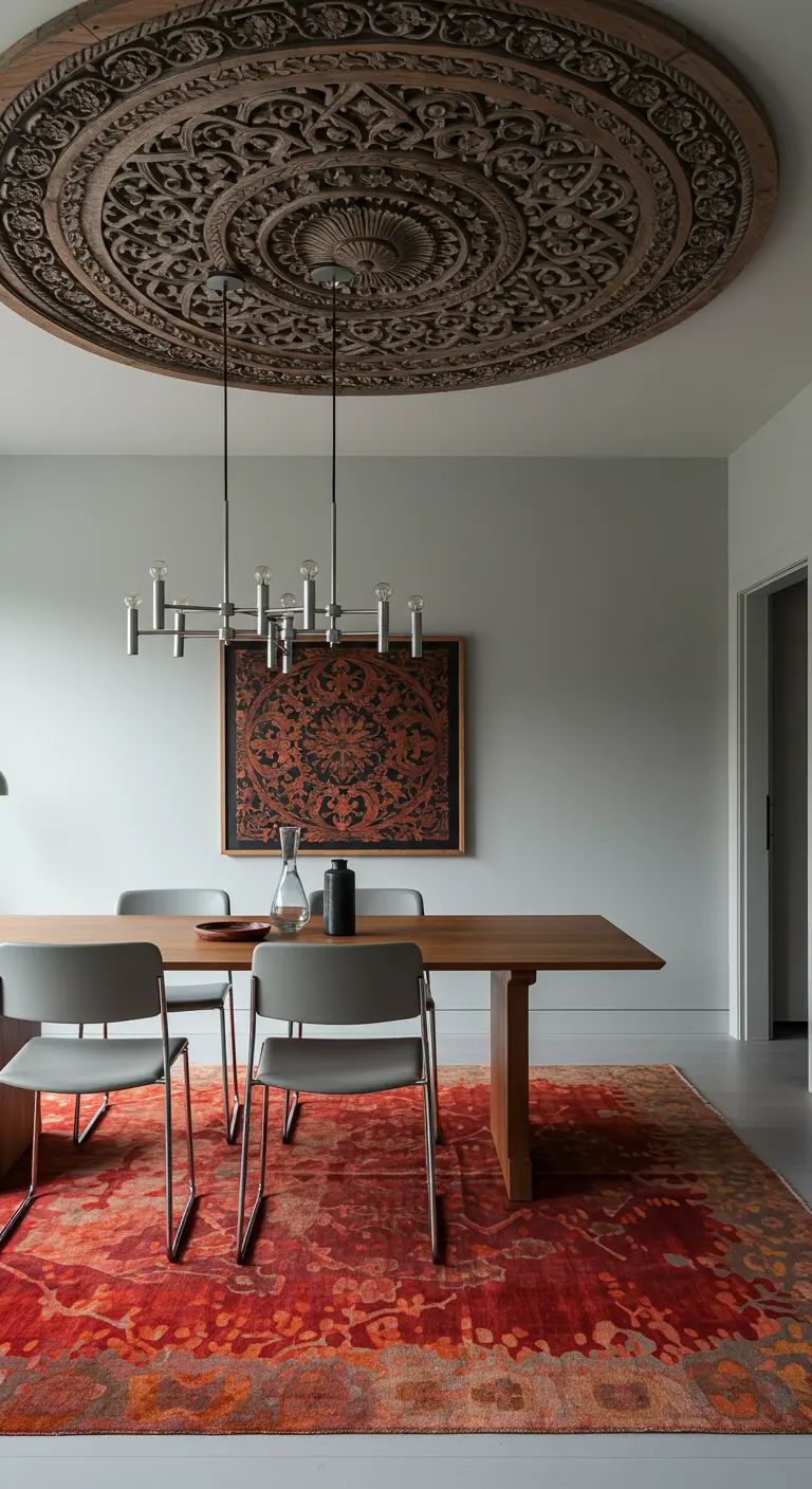 Dining room with a very large, circular, ornately carved wood ceiling medallion.