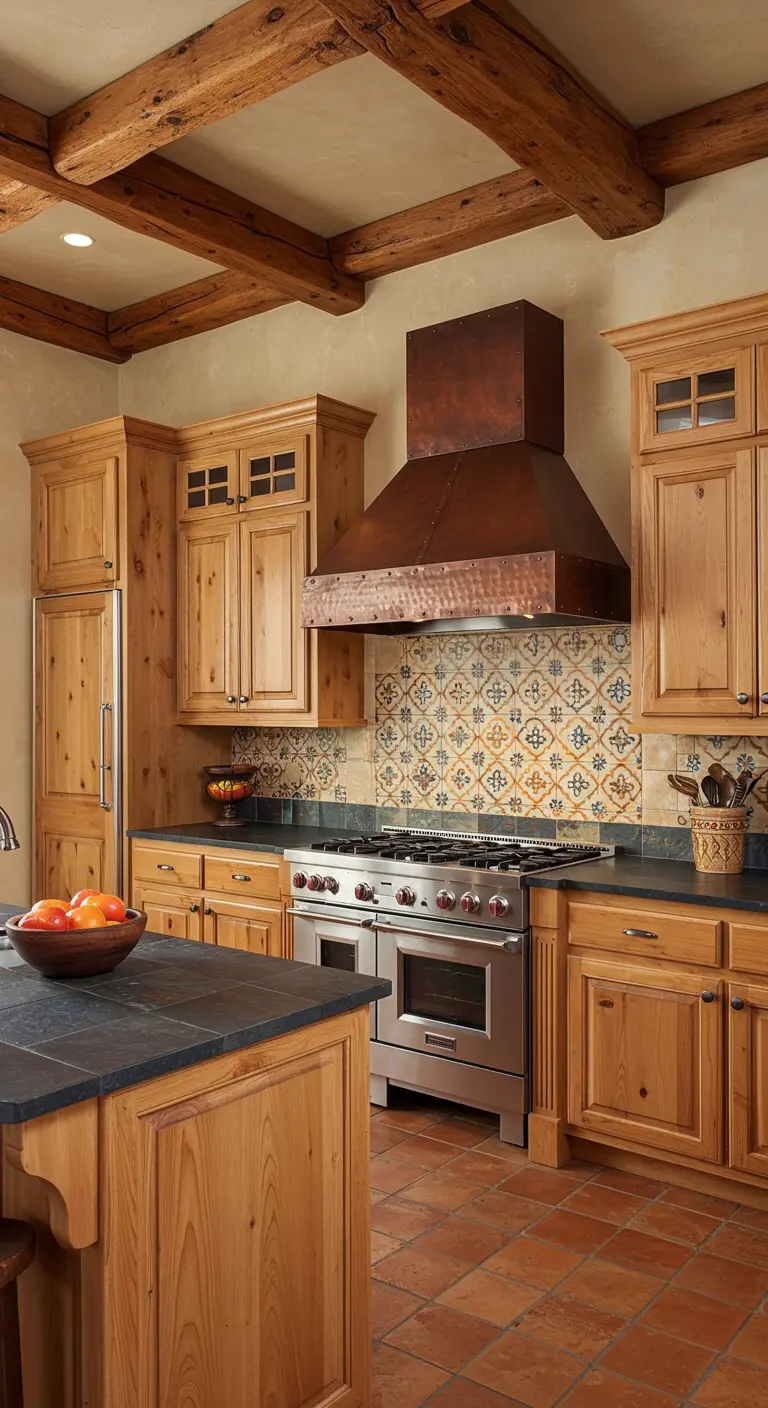 Rustic kitchen with a large hammered copper range hood and patterned tile.