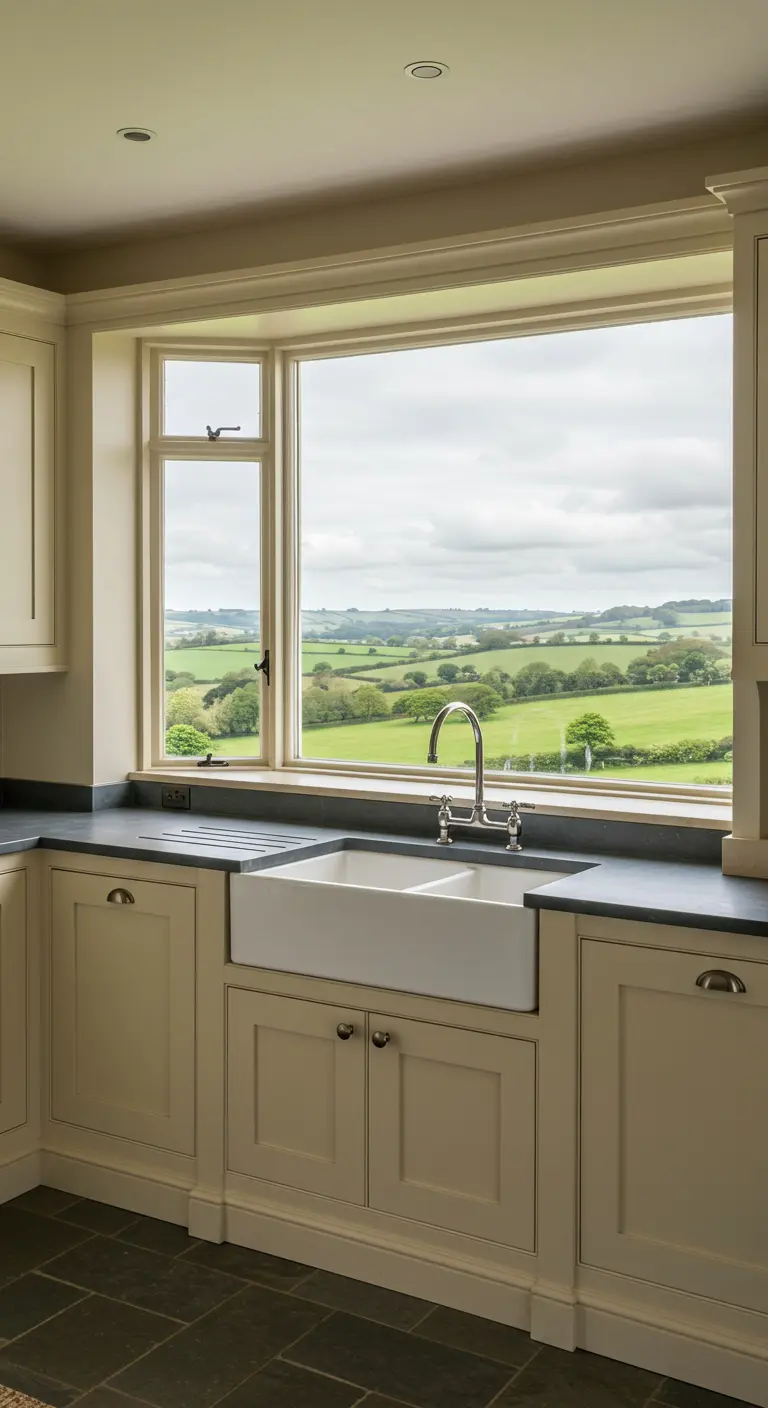 A double farmhouse sink placed under a large window with a view of green hills.