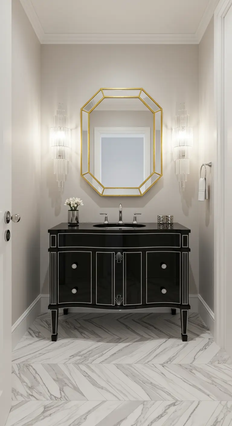 Powder room with an octagonal gold mirror, black vanity, and marble herringbone floor.