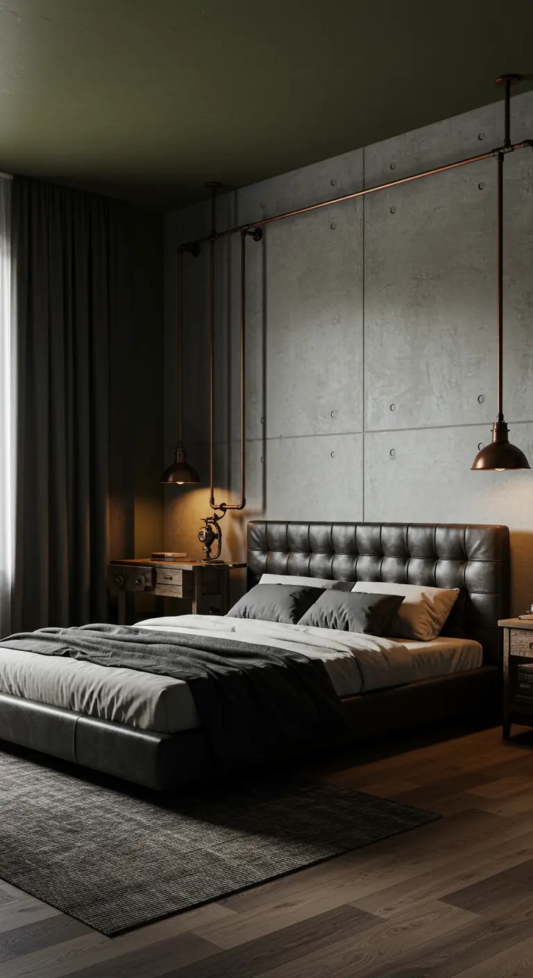 Industrial bedroom with a concrete wall, leather bed, and exposed copper pipe lighting fixture.