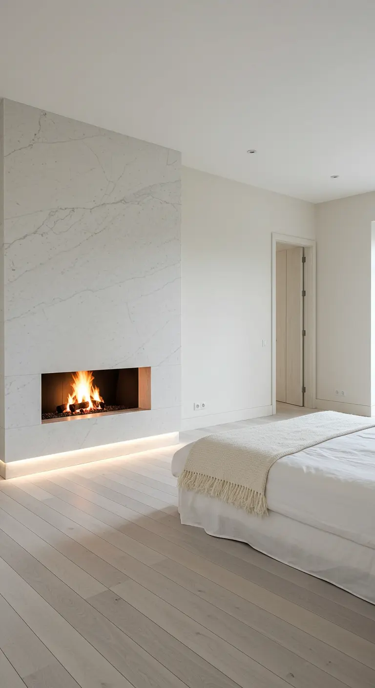 A minimalist white bedroom with a floor-to-ceiling marble fireplace and integrated lighting.