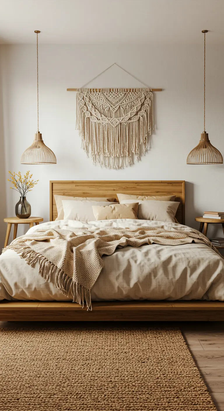 A serene neutral bedroom with a macramé hanging and symmetrical rattan pendant lights.
