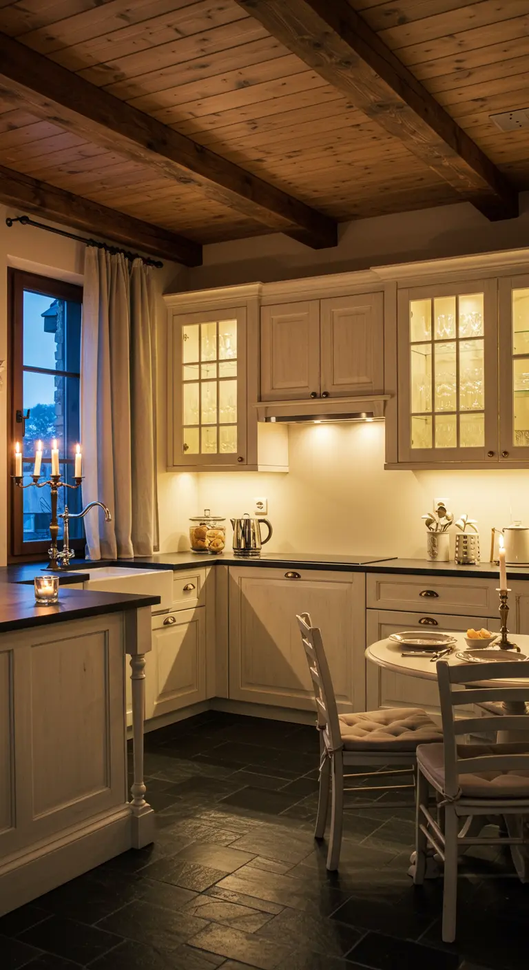 Cozy rustic kitchen at night, lit by candles and warm cabinet lights.