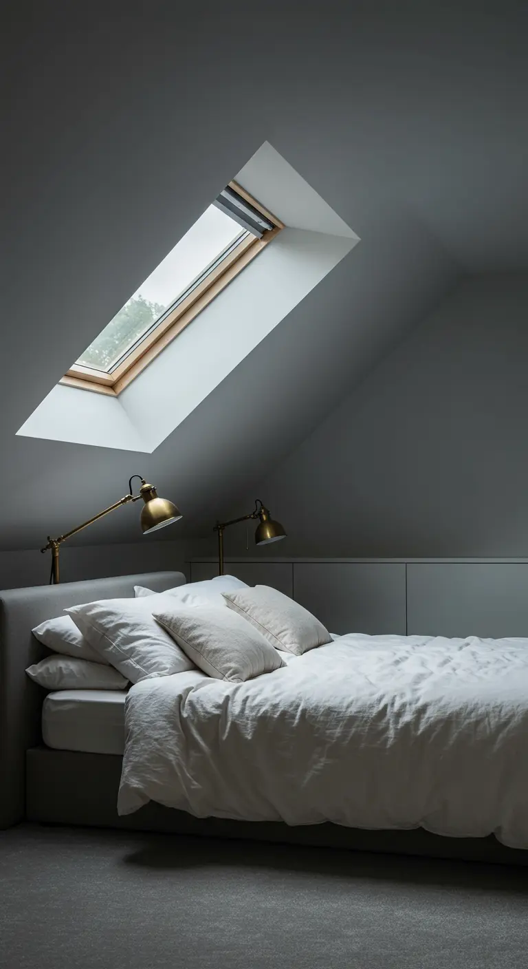 Monochromatic gray loft bedroom with brass task lamps and low cabinets.