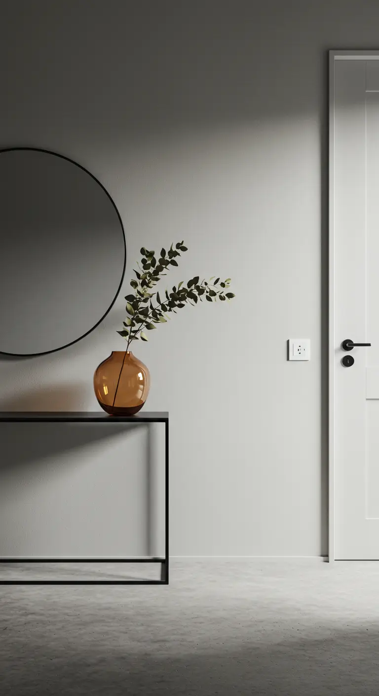 Minimalist entryway with an amber glass vase on a console table.