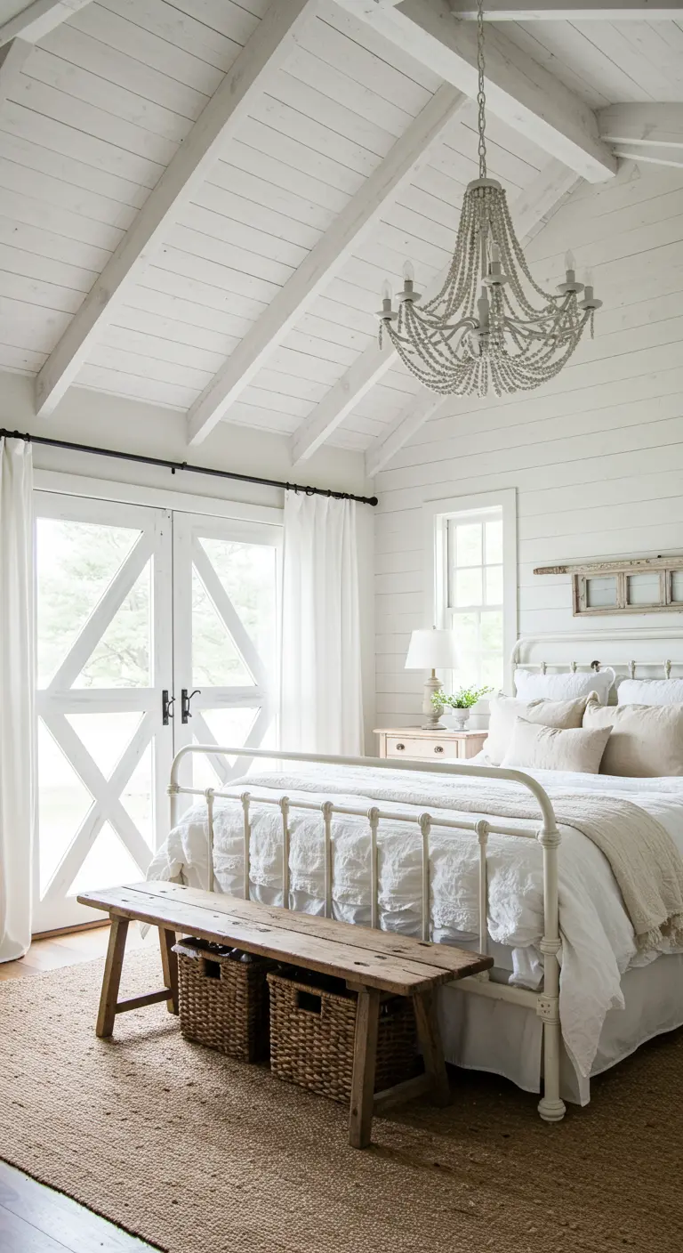 A modern farmhouse bedroom with a white shiplap ceiling, iron bed, and a beaded chandelier.