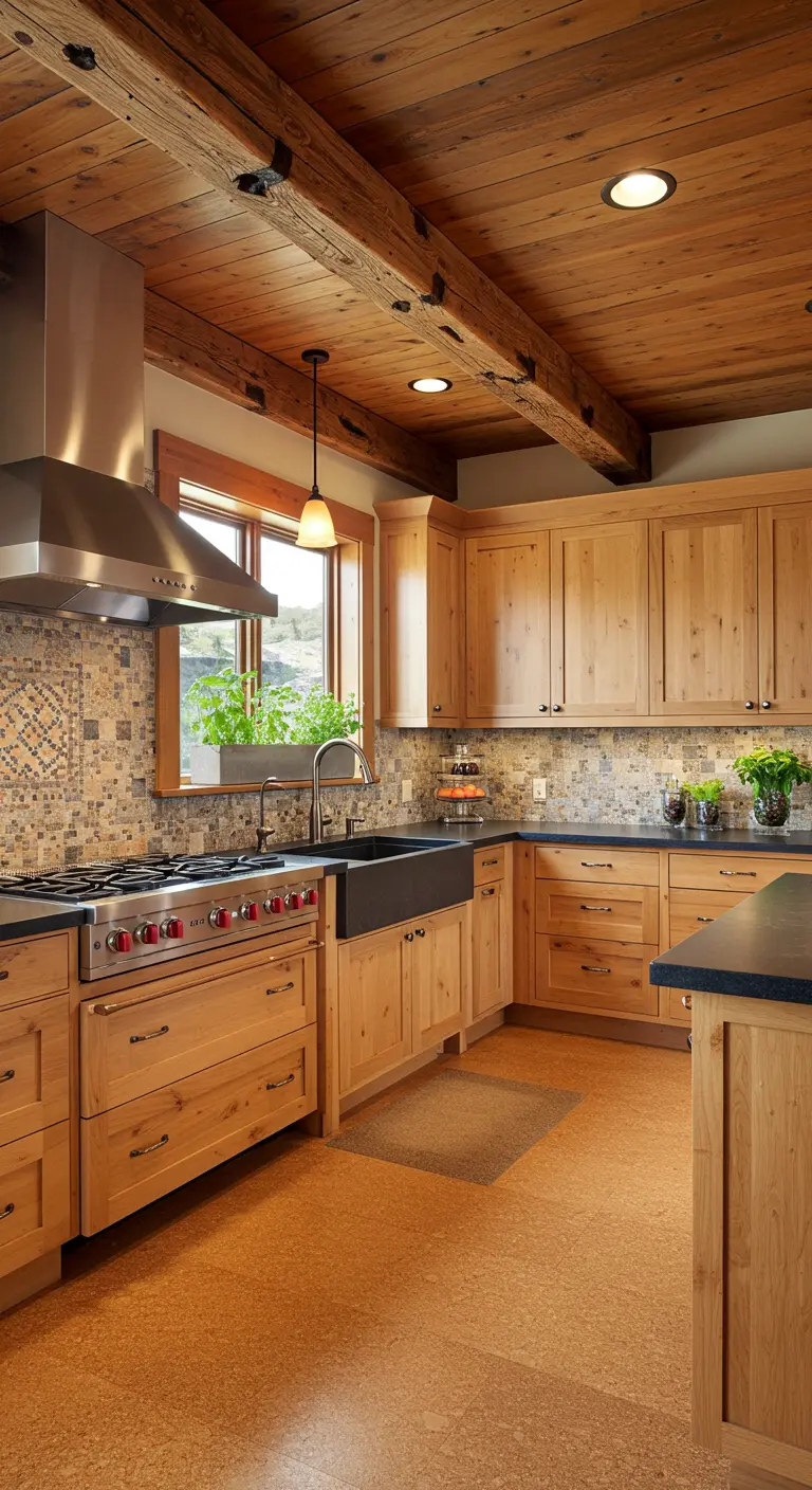 Compact rustic kitchen with patterned tile backsplash and cork floors.