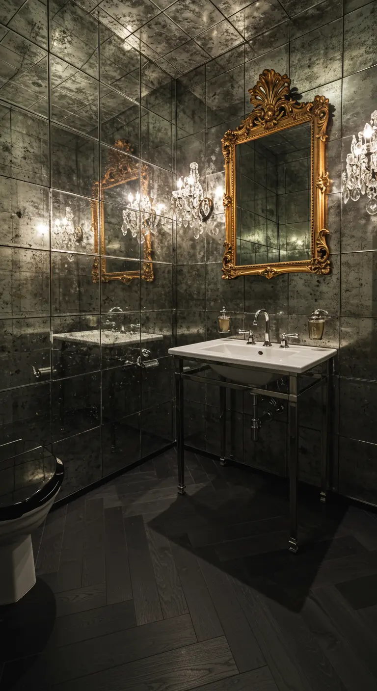 Powder room with antiqued mirror tile walls and a gilded rococo mirror.