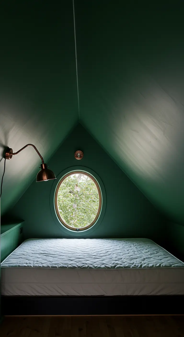 Minimalist attic bedroom with dark green walls, a round window, and a mattress on the floor.
