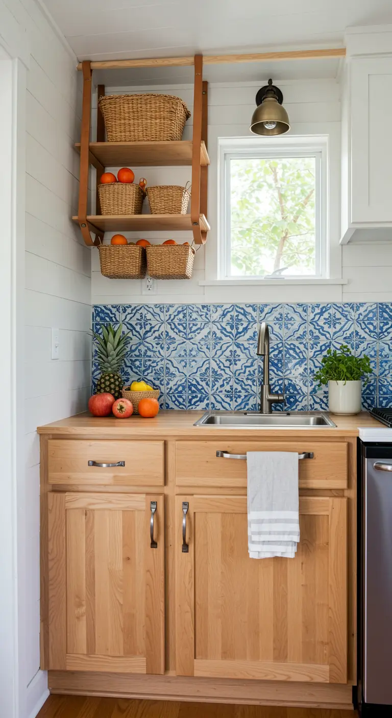 Kitchen with wood cabinets, blue tile, and a hanging shelf with wicker baskets.