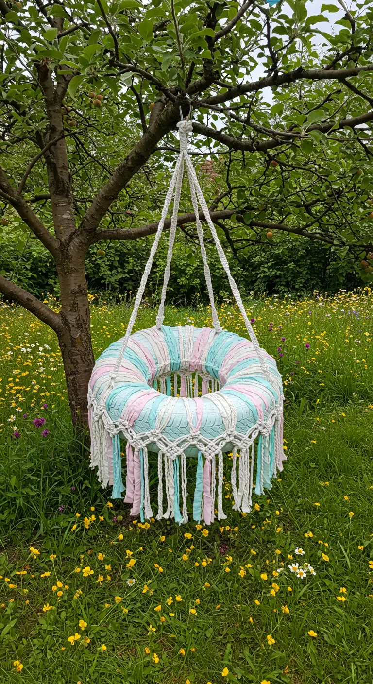 Pastel-fabric-wrapped tire swing hanging from a tree in a meadow.