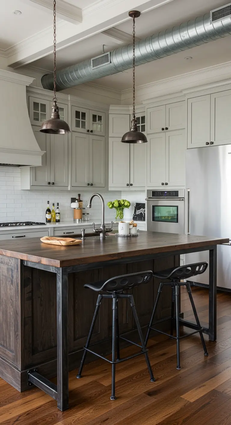 Industrial-style kitchen with exposed ductwork, a wood island with a metal frame, and black stools.