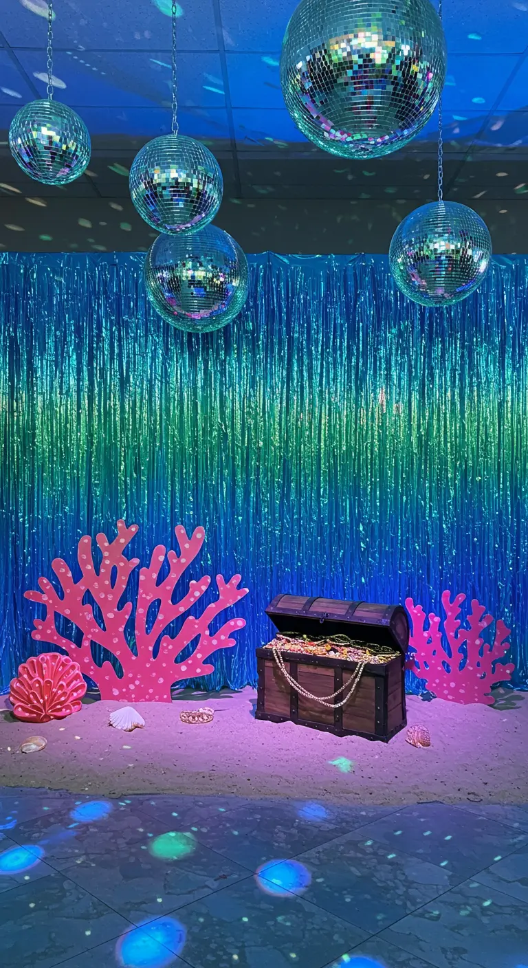 An under-the-sea theme with a blue fringe backdrop, disco balls, and coral reef cutouts.